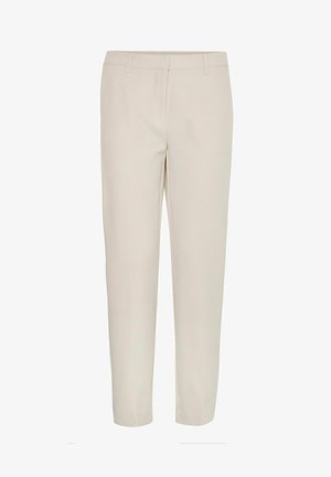 Pantalons beiges ajustés avec une coupe droite, présentant une texture lisse et sans motifs ni accessoires visibles. Taille standard et poches.