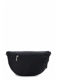 Juodas, minkštas audinys fanny pack'as su apvalia forma, turintis priekinį užtrauktuką ir reguliuojamą dirželį. Lygus paviršius su minimaliais akcentais.