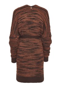 Cardigan lavorato a maglia in tonalità di ruggine e marrone, caratterizzato da un motivo testurizzato, maniche larghe e una cintura coordinata in vita.