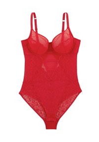 Bodysuit en dentelle rouge avec bonnets rembourrés, bretelles ajustables et décolleté en V. Présente un motif de dentelle complexe et des détails transparents.