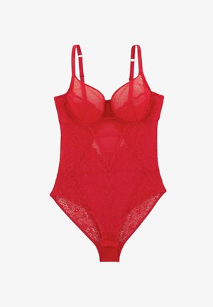 Bodysuit en dentelle rouge avec bonnets rembourrés, bretelles ajustables et décolleté en V. Présente un motif de dentelle complexe et des détails transparents.