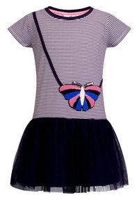 Vestido a rayas con mangas cortas, que presenta una falda de tul en color marino y una embellishment de mariposa en lentejuelas rosas, azules y negras.