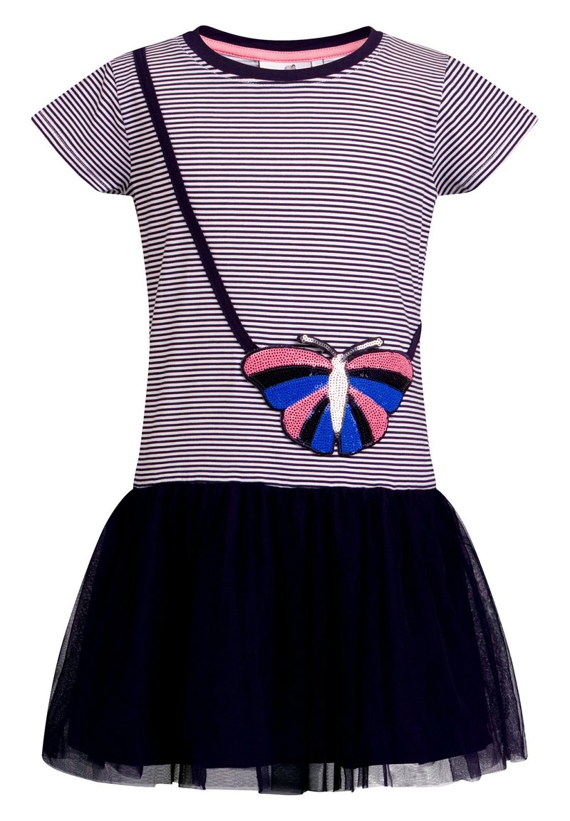 Vestido a rayas con mangas cortas, que presenta una falda de tul en color marino y una embellishment de mariposa en lentejuelas rosas, azules y negras.