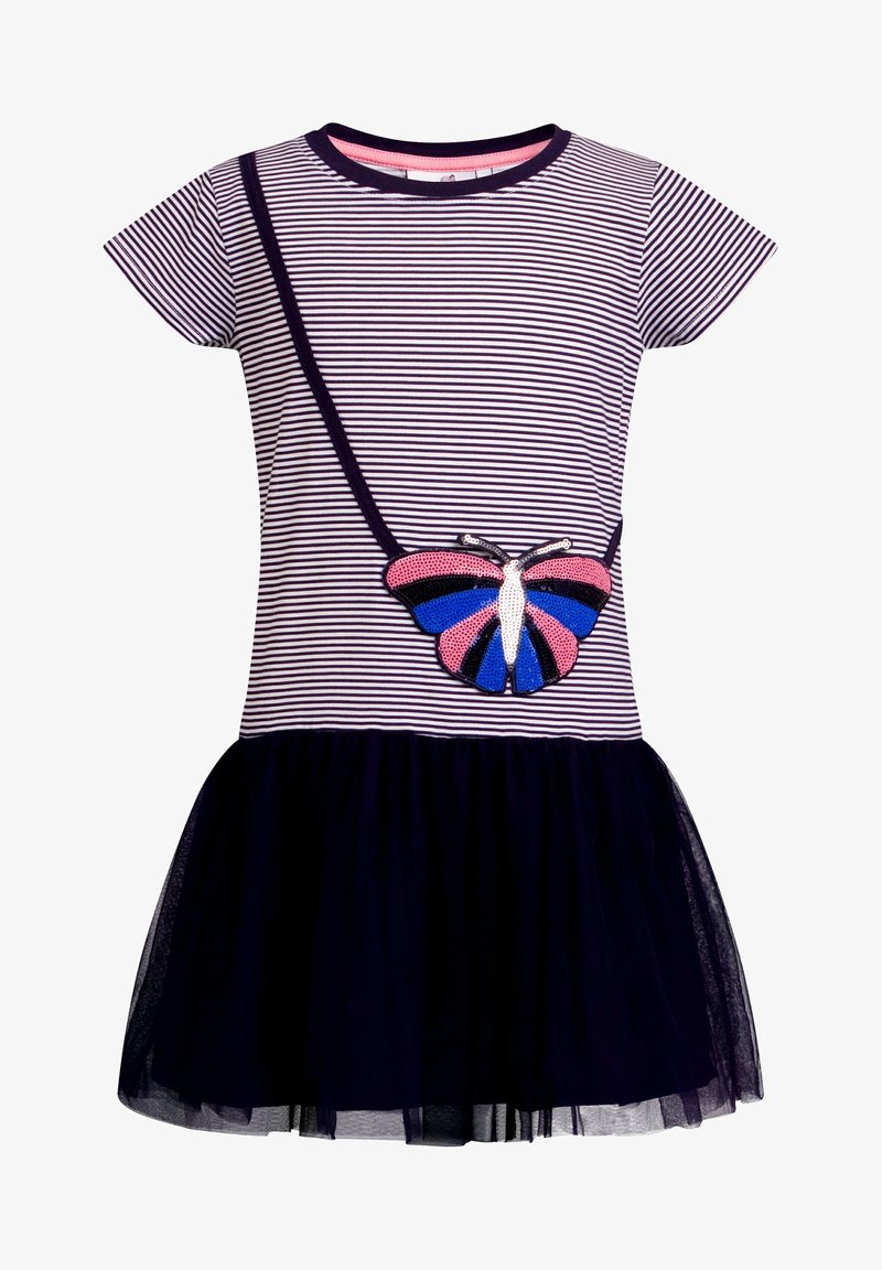 Vestido a rayas con mangas cortas, que presenta una falda de tul en color marino y una embellishment de mariposa en lentejuelas rosas, azules y negras.