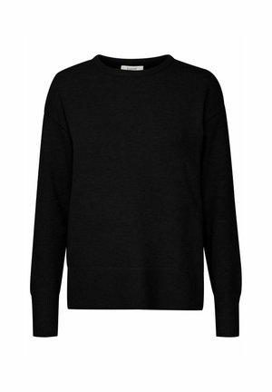 Juodas megztinis su apykakle, ilgomis rankovėmis ir raštuotais rankogaliais bei apačia. Paprasta, laisva forma su lygiu paviršiumi.