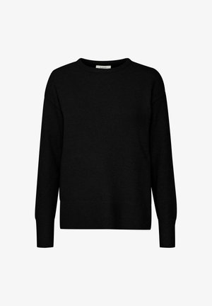 Juodas megztinis su apykakle, ilgomis rankovėmis ir raštuotais rankogaliais bei apačia. Paprasta, laisva forma su lygiu paviršiumi.