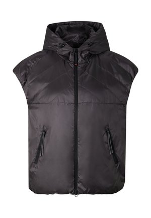 Sort ærmeløs polstret vest med hætte, lynlås foran og to lynlåslommer i siderne, lagt fladt på hvid baggrund.