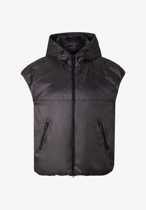 Sort ærmeløs polstret vest med hætte, lynlås foran og to lynlåslommer i siderne, lagt fladt på hvid baggrund.