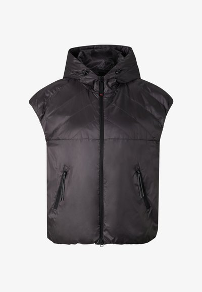 Sort ærmeløs polstret vest med hætte, lynlås foran og to lynlåslommer i siderne, lagt fladt på hvid baggrund.