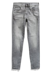 Jeans de denim gris ajustados, con un ligero desgaste, cinco bolsillos, cierre con botón y detalle de dobladillo deshilachado. Textura suave y tejido de mezcla de algodón.