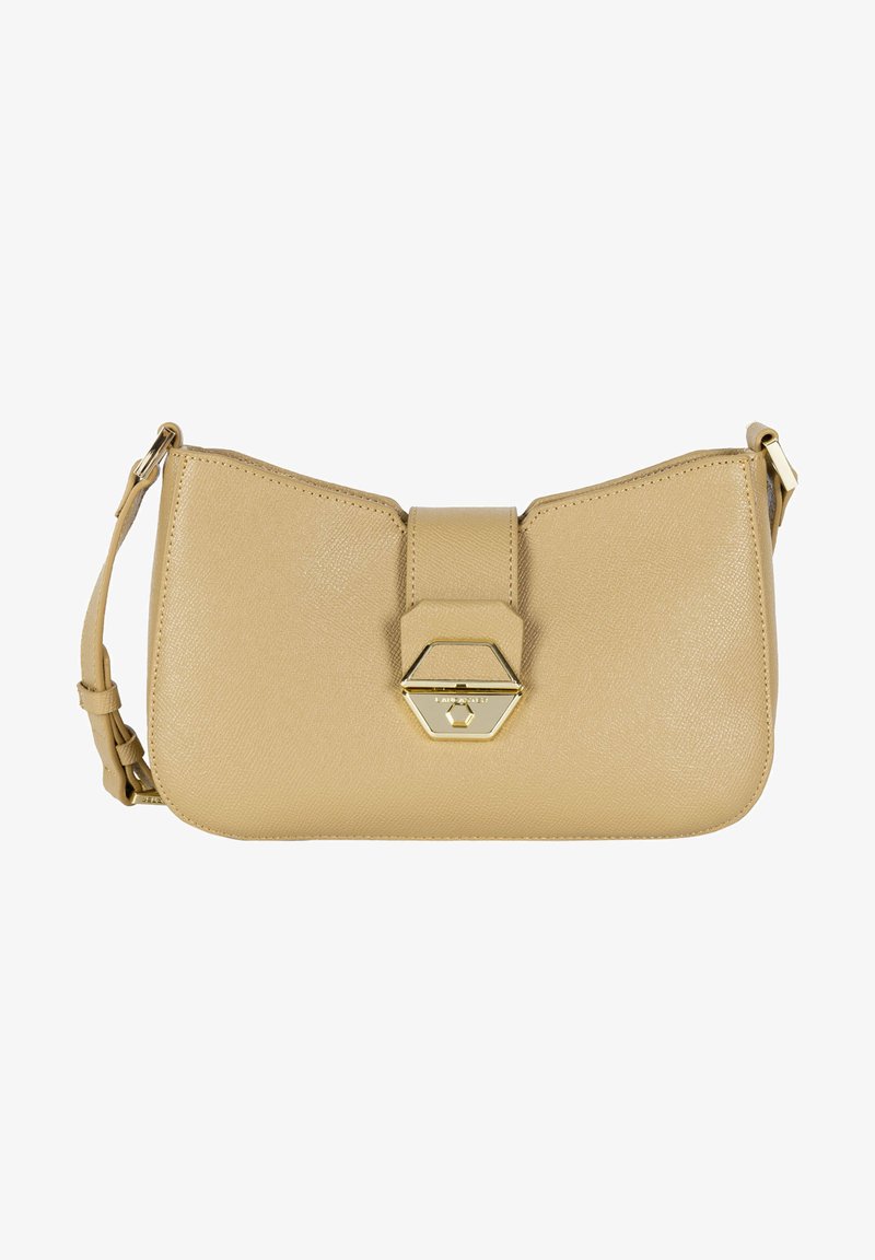 Sac à main en cuir beige au design structuré, avec des accessoires en or et un fermoir géométrique. Dispose d'une bandoulière amovible.