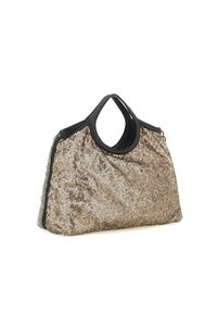 Borsa a tracolla in paillettes dorate metalliche con finiture in pelle nera, dal design unico con manico superiore e una superficie morbida e testurizzata.