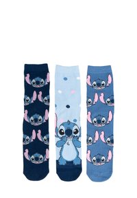Tre paia di calze con il personaggio dei cartoni animati Stitch. Colori: blu navy, azzurro e blu con motivi del viso di Stitch e delle orecchie rosa.