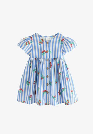 Robe pour tout-petit rayée bleu et blanc avec manches bouffantes courtes, boutons en bois sur le devant et imprimé de cerises rouges dispersé sur le tissu.