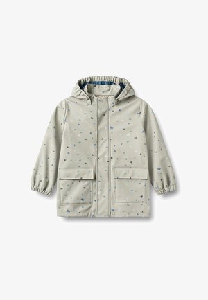 Šviesiai pilkas vaikų lietpaltis su kapišonu, elastinėmis rankogaliais, priekine atvartine kišene ir smulkiais išsklaidžiais mėlynos, žalios bei juodos spalvų raidžių raštais.