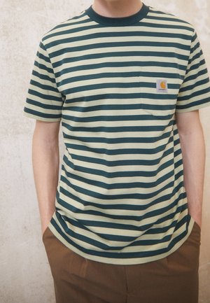 Green and light yellow striped t-shirt with a round neckline and a chest pocket featuring a square logo. Fabric appears soft and breathable.