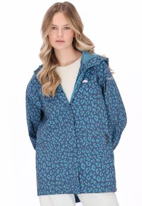 Blå leopardmönstrad jacka med huva, lätt material, hel dragkedja framtill och två sidofickor, med ett enfärgat blått foder.