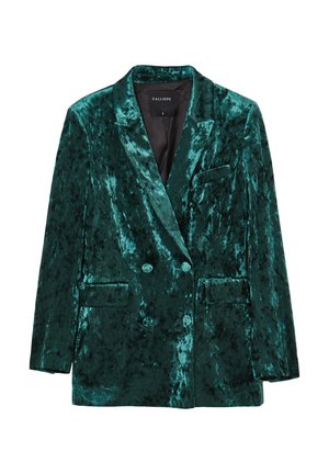 Samt Doppelreiher-Blazer in tiefem Marineblau, mit Reverskragen, zwei Vorderaschen und strukturierter, glänzender Oberfläche.