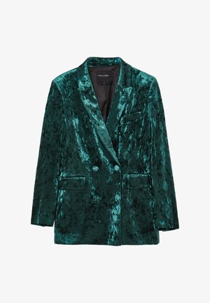 Blazer doppiopetto in velluto di un profondo teal, con colletto a rever, due tasche frontali e superficie testurizzata con lucentezza.