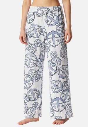 Luftiga, vita pyjamasbyxor med ett blått cirkulärt mönster som har stjärnor och konturerade mönster. Elastisk midja med snörning.