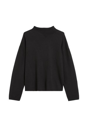 Schwarzes Langarmshirt aus weichem Material, mit hohem Kragen, lässigem Schnitt und seitlichen Schlitzen für mehr Bewegungsfreiheit.