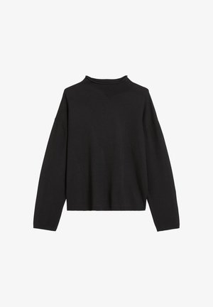 Zwarte lange mouw top, gemaakt van zacht materiaal, met een hoge halslijn, een ontspannen pasvorm en zijsplitten voor extra bewegingsvrijheid.