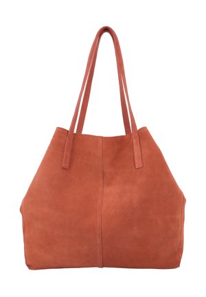Große, rostfarbene Wildleder-Tasche mit zwei langen Griffen und sichtbarer zentraler Naht auf weißem Hintergrund.