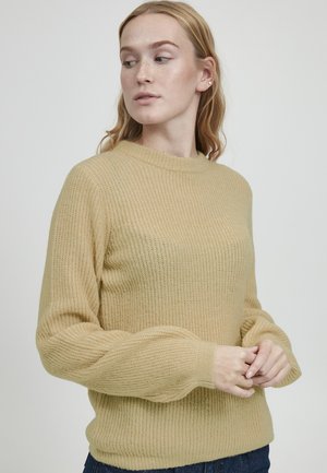 Helle gelbe Strickjacke mit langen Ärmeln, gerippter Textur und Rundhalsausschnitt, mit engen Bündchen und einer lässigen Passform.
