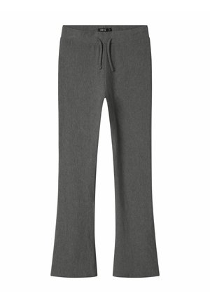 Pantalons gris évasés en tissu doux et extensible. Dotés d'une taille élastique avec un cordon de serrage pour un ajustement personnalisable.