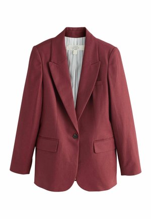 Dunkelroter Leinenblazer mit einem Knopf, mit Revers, zwei Klappentaschen und gestreiftem Innenfutter.