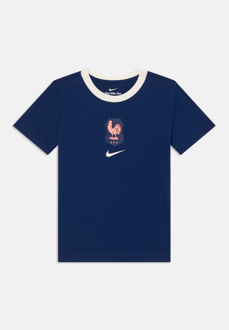 Tamnoplavi majica kratkih rukava od pamuka, sa kremastim okruglim izrezom, ružičastim logom pijetla i malim Nike emblemom.