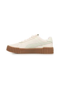 Sneakers crema chiaro con una superficie liscia, dotati di punta arrotondata, allacciatura beige e suola in gomma marrone con dettagli rigati.