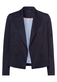 Blazer croisé bleu marine en tissu texturé, avec revers crantés, boutons noirs et doublure intérieure rayée.