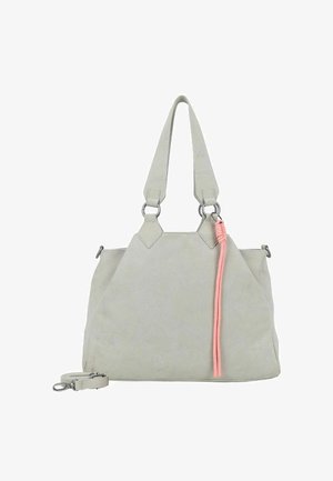 Sac à main gris clair avec deux anses, une surface texturée et un accent en cordon rose. Comprend une sangle détachable et des accessoires en métal.