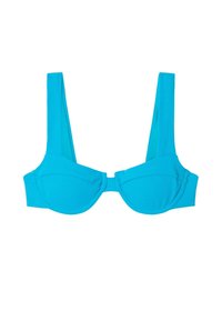 Top de bikini turquesa con tirantes anchos y acanalados, copas con aros y un cierre central. Textura suave y diseño estructurado para mayor soporte.