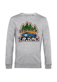 Grauer Pullover mit langen Ärmeln, der ein grafisches Design eines blauen Autos, Bäume und Text zeigt. Aus Baumwollmaterial mit einer weichen Textur.