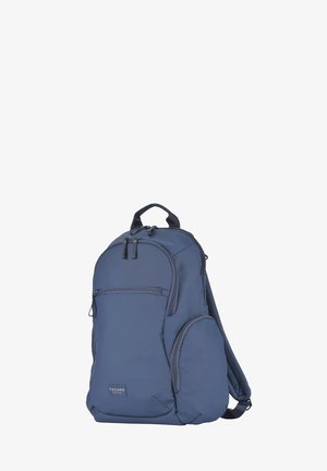 Zaino Tucano blu navy con multiple tasche con cerniera, spallacci imbottiti e maniglia superiore per il trasporto.