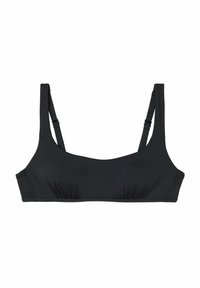 Svart bikiniöverdel med breda remmar, en slät design, subtilt samlad detalj i mitten och justerbar bakstängning.