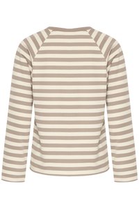 Long-sleeve top in beige and cream horizontal stripes. Features raglan sleeves and a round neckline. Soft texture and casual fit.