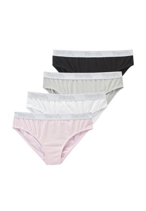 Vier Damen-Bikini-Slips in Schwarz, Grau, Weiß und Hellrosa mit weißen elastischen Bund mit der Marke "Bench".