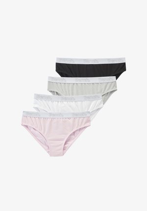 Four women's bikini briefs in black, gray, white, and light pink with white elastic waistbands branded "Bench."