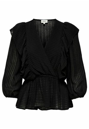 Blouse noire texturée à manches longues avec col en V, épaules volantées, taille élastique et tissu rayé légèrement transparent.