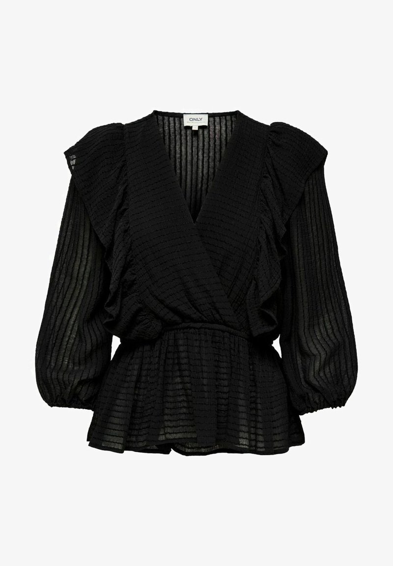 Blouse noire texturée à manches longues avec col en V, épaules volantées, taille élastique et tissu rayé légèrement transparent.