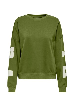 Sweat-shirt vert olive à manches longues avec des chiffres blancs en bloc sur chaque manche et des poignets et un ourlet côtelés.