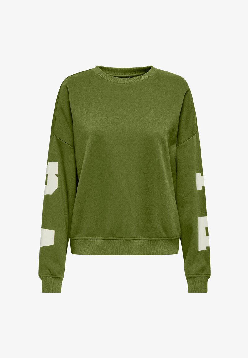 Sweat-shirt vert olive à manches longues avec des chiffres blancs en bloc sur chaque manche et des poignets et un ourlet côtelés.