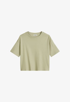 T-shirt cropped a maniche corte in tessuto verde chiaro con una texture liscia e scollo rotondo. Design semplice, senza motivi o accenti.