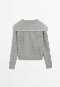 Gray cable-knit sweater with long sleeves, an off-shoulder neckline, and ribbed cuffs and hem. Soft texture with a layered design.