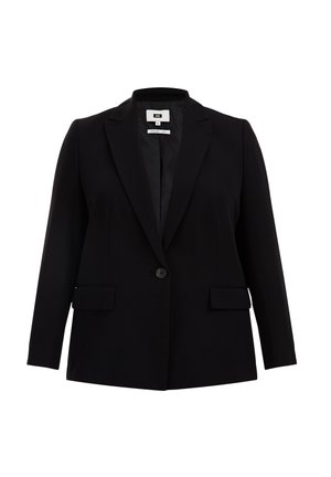 Sort blazer med klapkrave, enkelt knaplukning, to frontlommer og lange ærmer. Fremstillet af glat stof med en skræddersyet pasform.