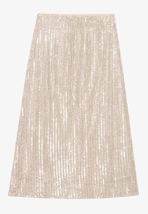 Bež midi suknja napravljena od tkanine sa rhinestones, koja sadrži vertikalne pruge sjajnih rhinestones za teksturu i blistavost po celoj površini.