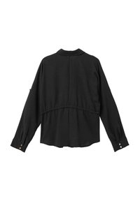 Zwarte lange mouwen shirt met een kraag, voorzien van een geplooide achterkant en knoopdetails op de manchetten. Gemaakt van een zachte stof.